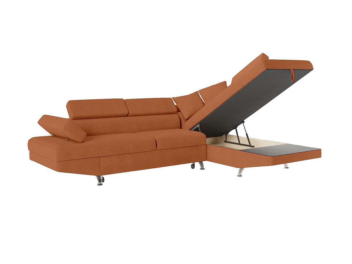 Canapé d'angle droit convertible RIO 5 places avec coffre de rangement en velours côtelé - Terracotta