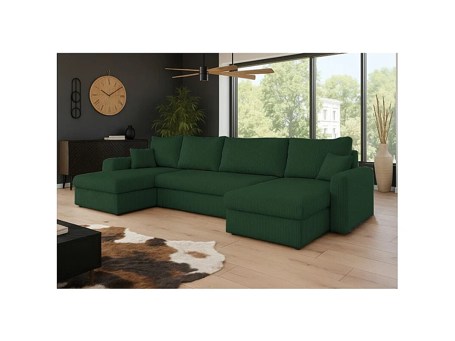 Canapé d'angle panoramique convertible HELLIA U en velours côtelé
