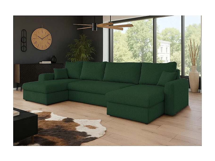 Canapé d'angle panoramique convertible HELLIA U en velours côtelé