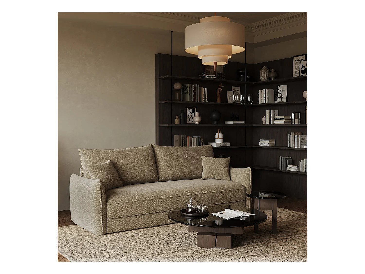 Canapé convertible 3 places tissu tramé taupe 213cm PLUME