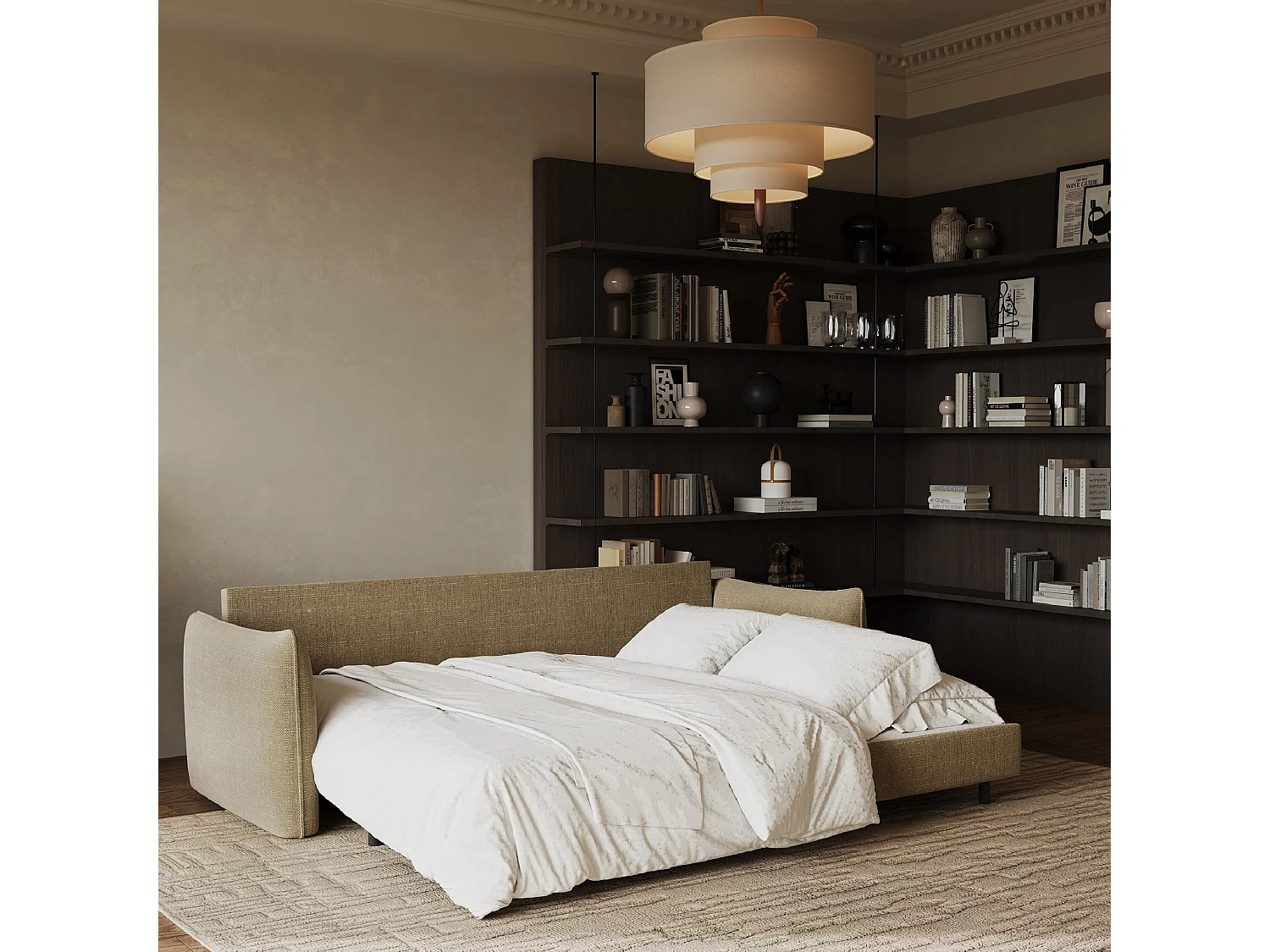 Canapé convertible 3 places tissu tramé taupe 213cm PLUME