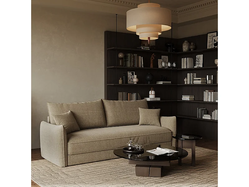 Canapé convertible 3 places tissu tramé taupe 213cm PLUME