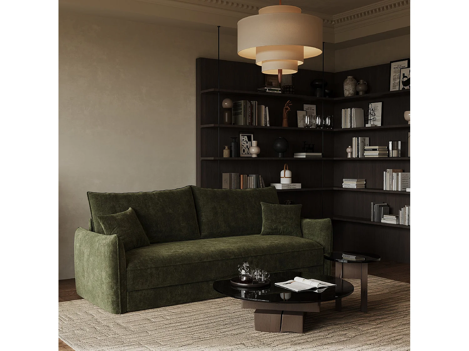 Canapé convertible 3 places velours texturé vert kaki 213cm PLUME