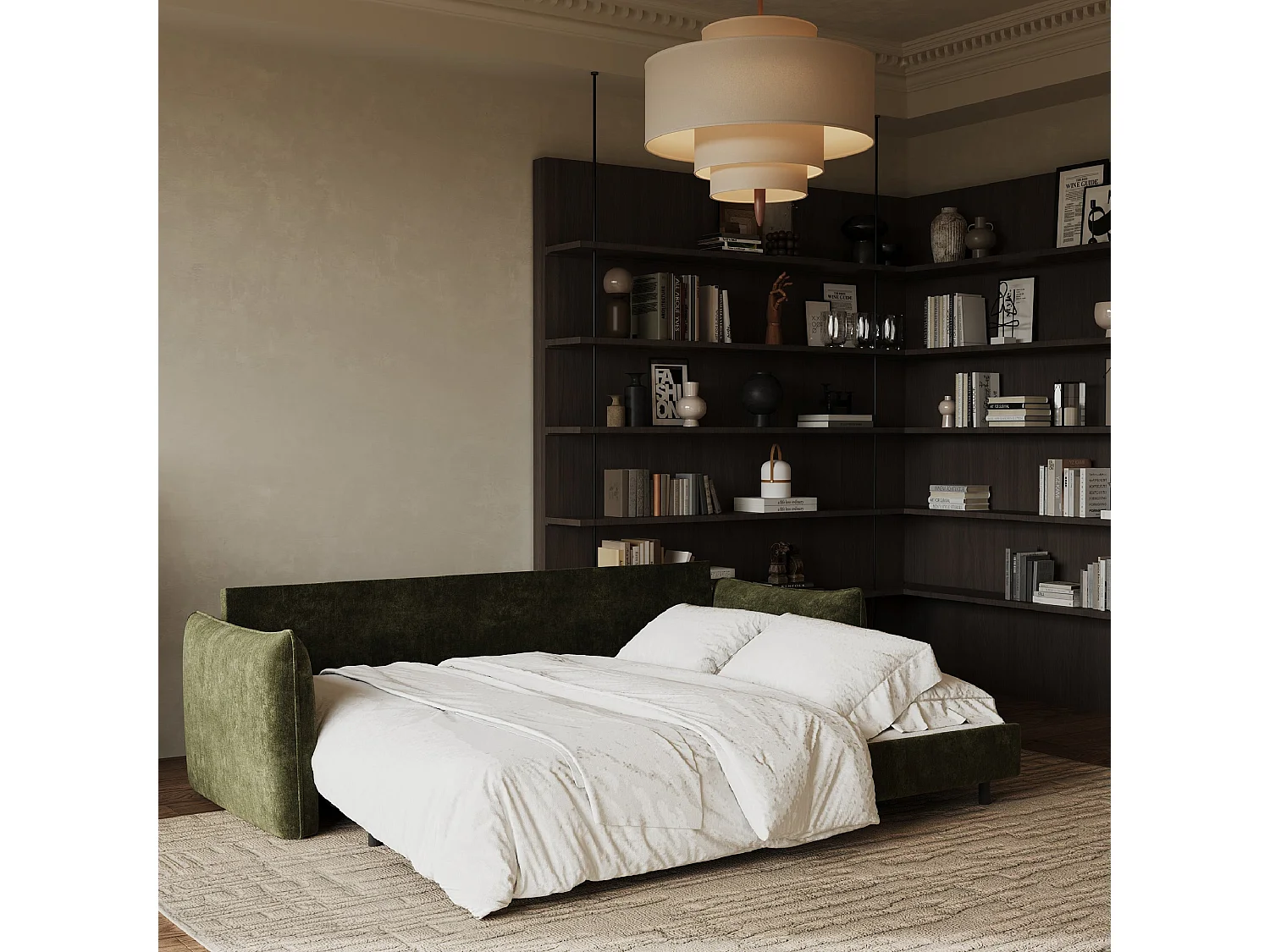 Canapé convertible 3 places velours texturé vert kaki 213cm PLUME