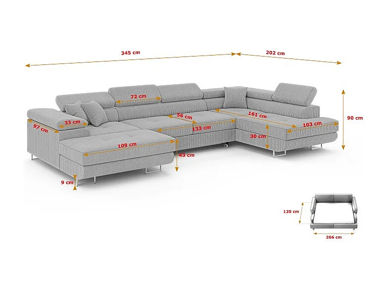 Canapé d'angle convertible ANNIO en U avec têtières réglables
