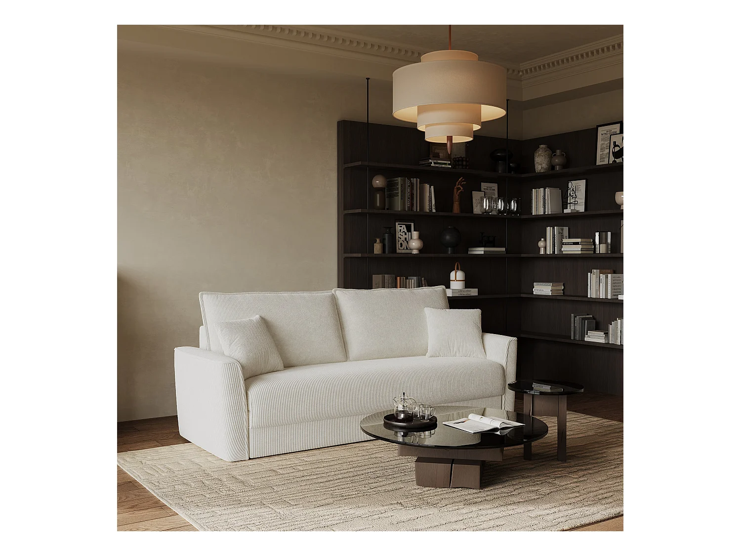 Canapé convertible 3 places velours côtelé crème 180cm LUXO