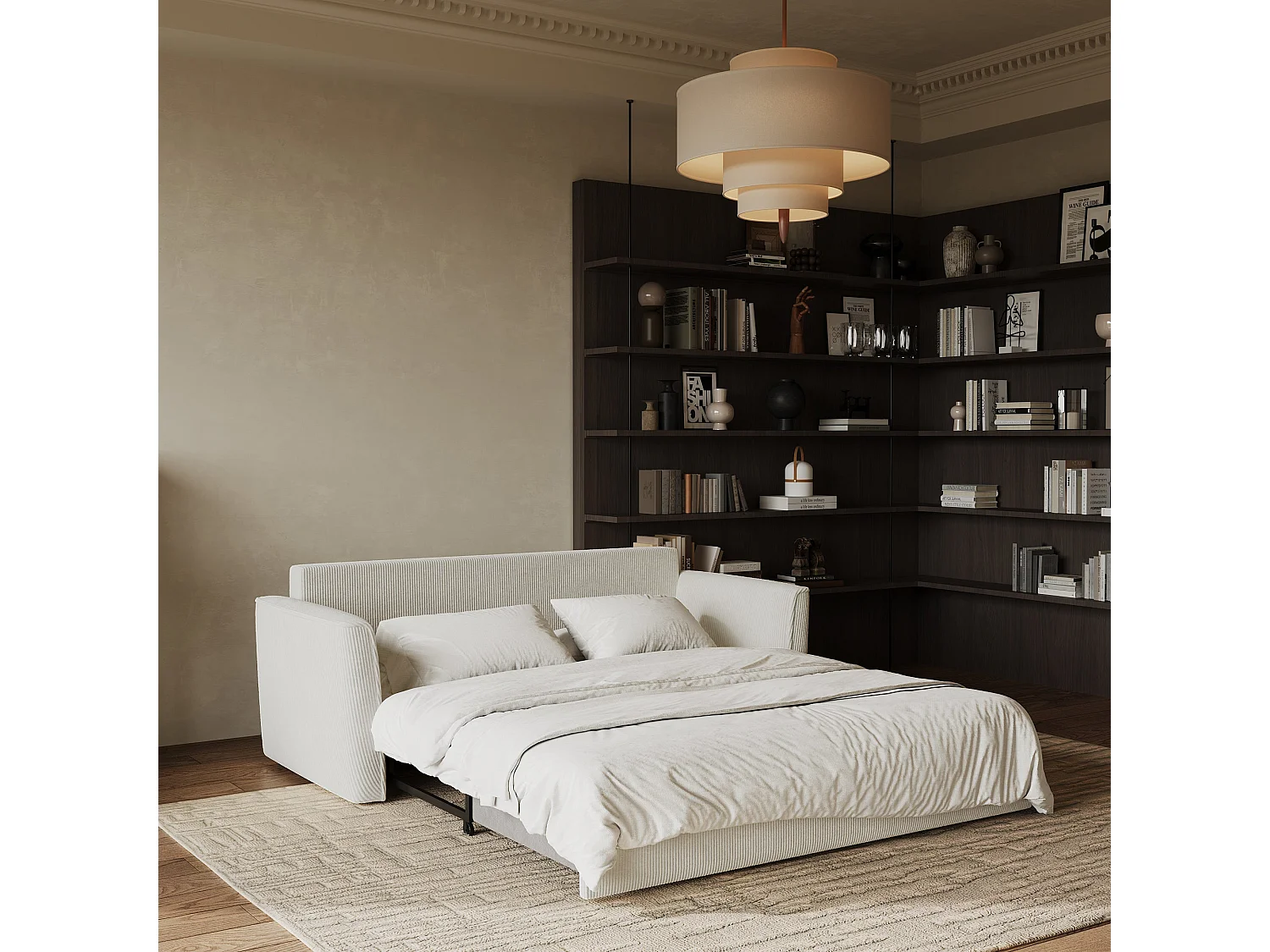 Canapé convertible 3 places velours côtelé crème 180cm LUXO