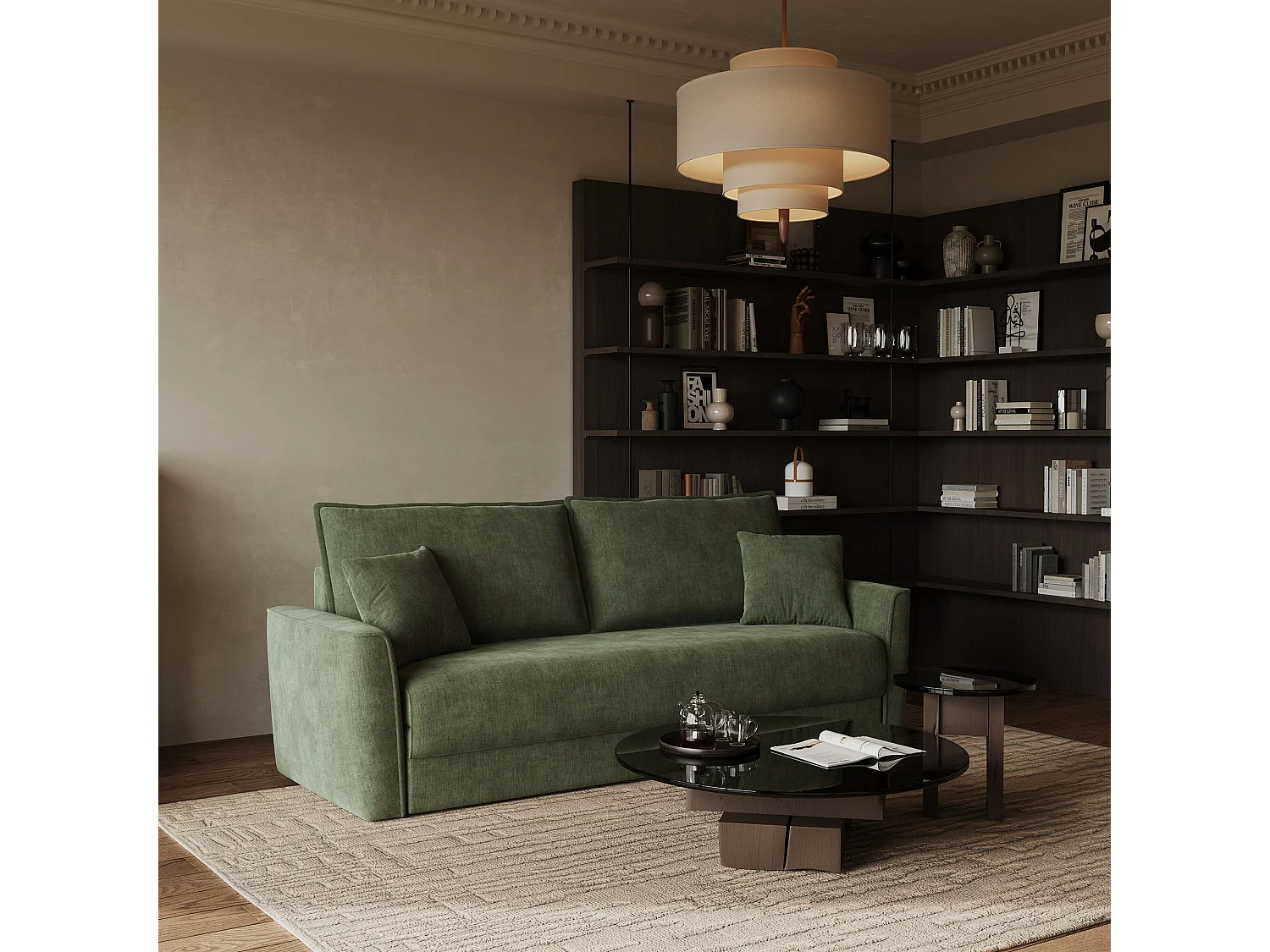 Canapé convertible 3 places tissu tramé touché doux vert kaki 180cm LUXO