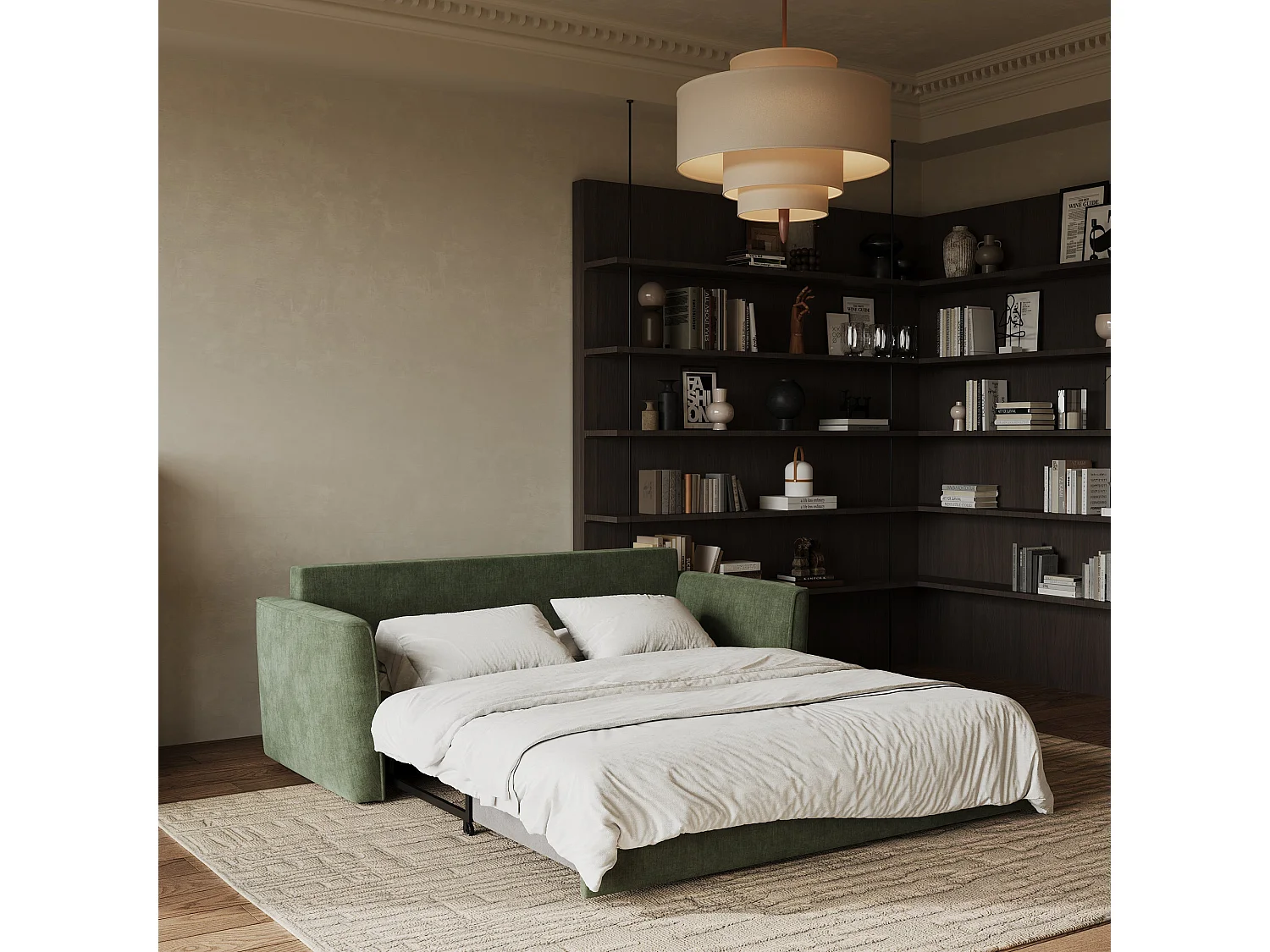 Canapé convertible 3 places tissu tramé touché doux vert kaki 180cm LUXO