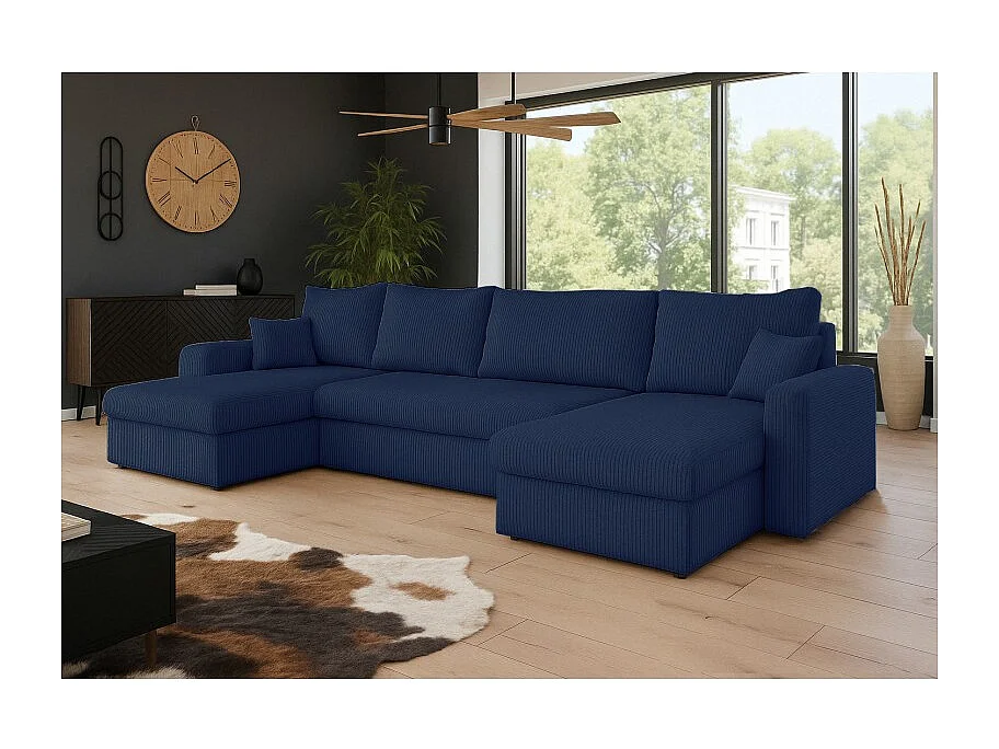 Canapé d'angle panoramique convertible HELLIA U en velours côtelé