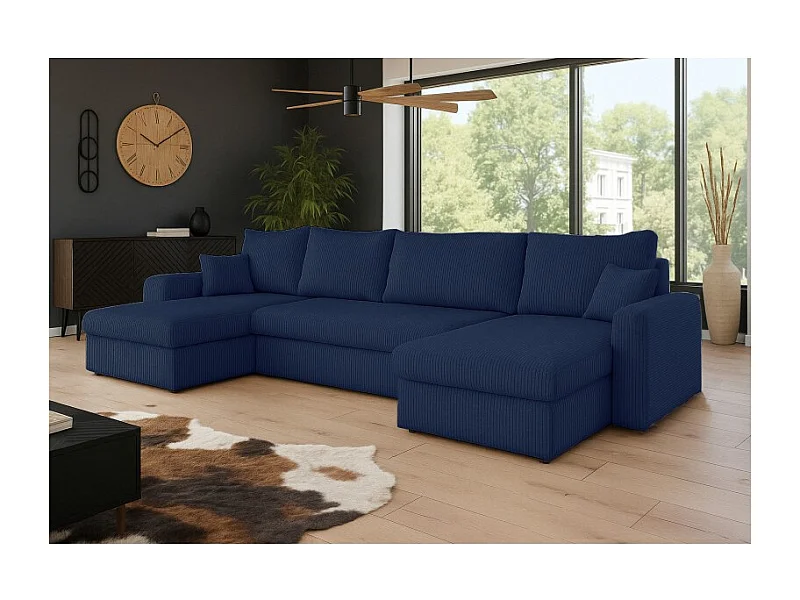 Canapé d'angle panoramique convertible HELLIA U en velours côtelé