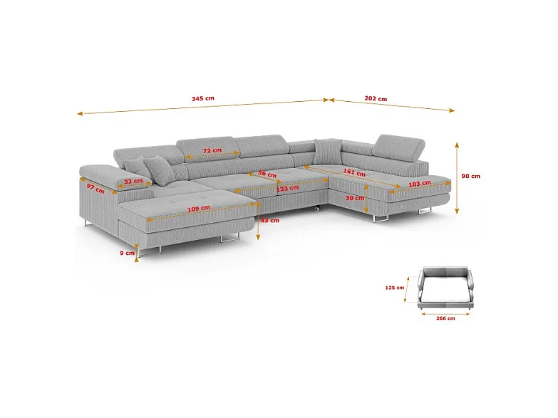 Canapé d'angle convertible ANNIO en U avec têtières réglables