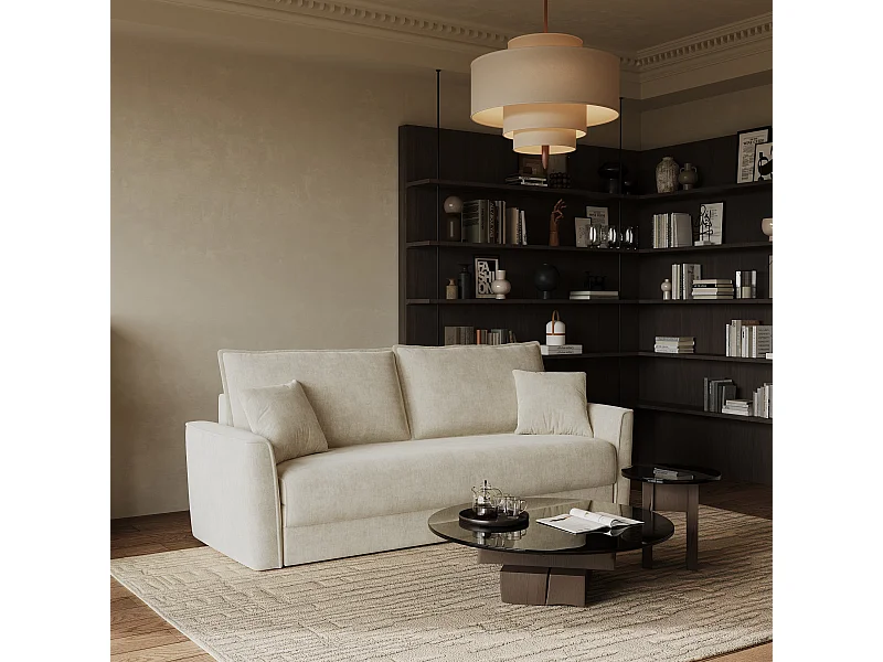 Canapé convertible 3 places tissu tramé touché doux crème 180cm LUXO