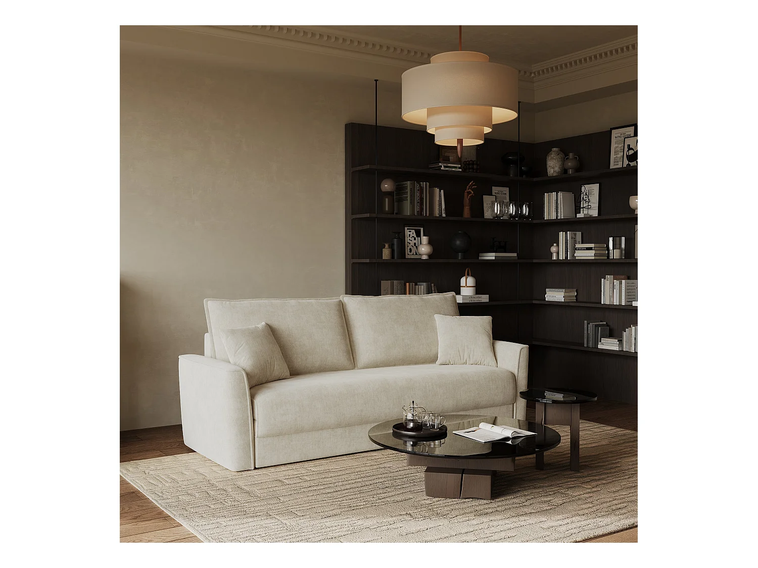 Canapé convertible 3 places tissu tramé touché doux crème 180cm LUXO