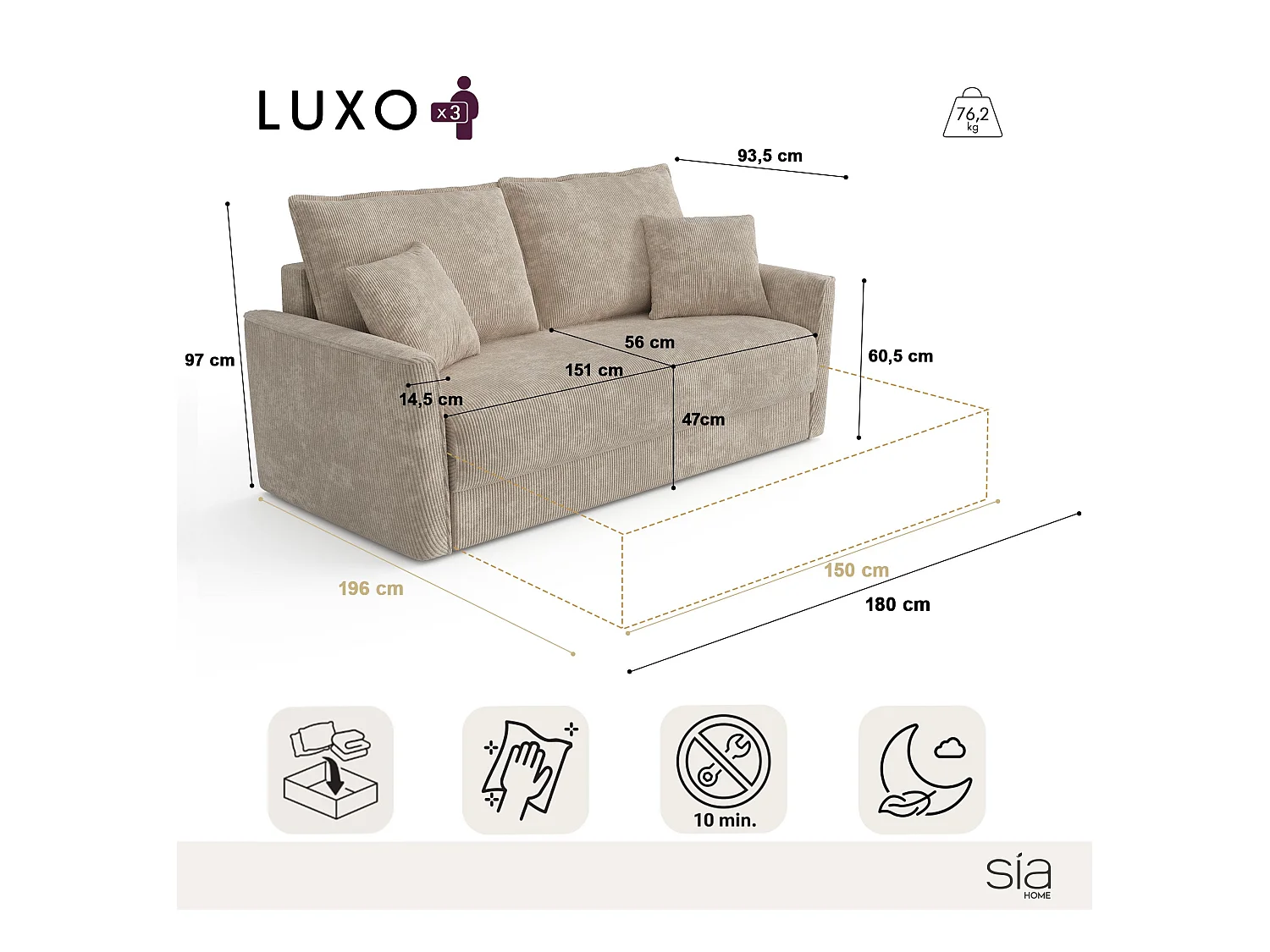 Canapé convertible 3 places tissu tramé touché doux crème 180cm LUXO