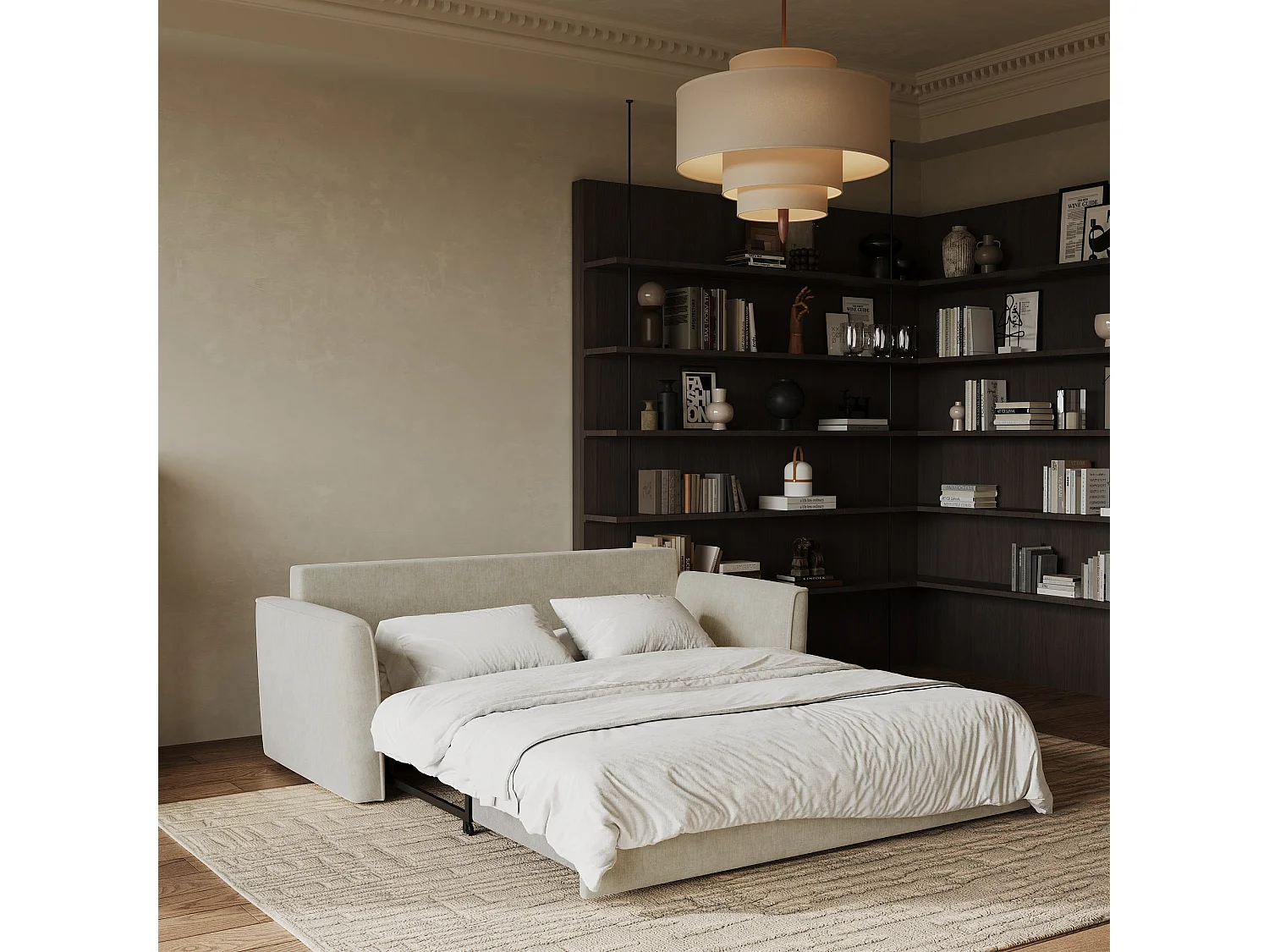 Canapé convertible 3 places tissu tramé touché doux crème 180cm LUXO