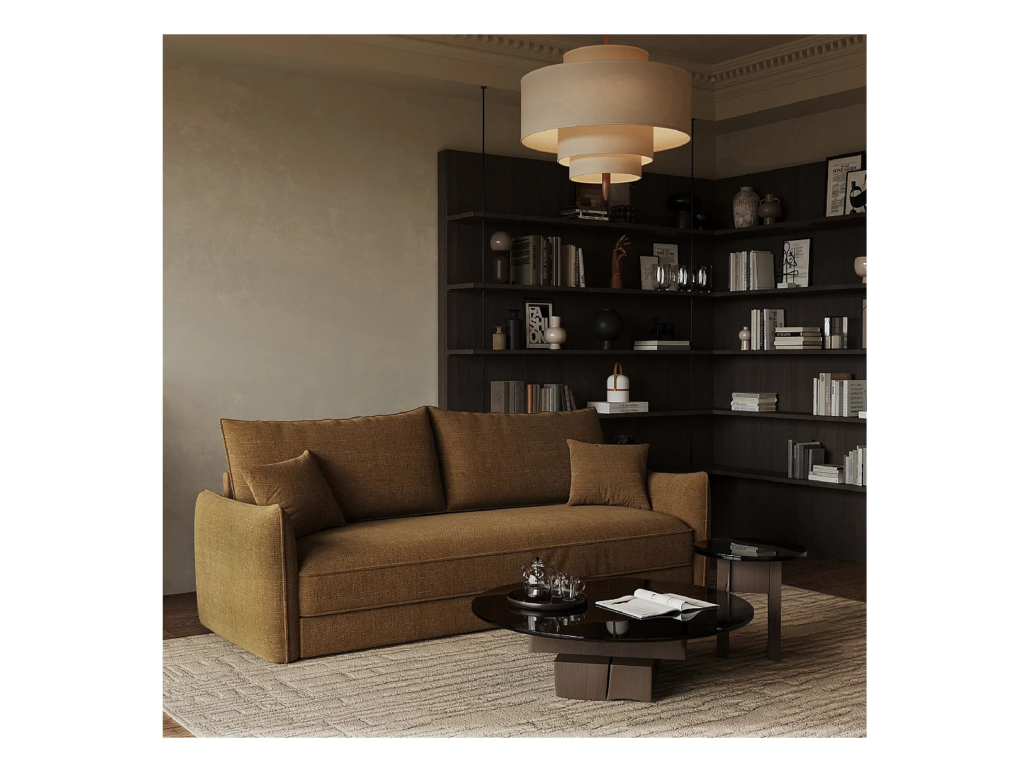 Canapé convertible 3 places tissu tramé noisette 213cm PLUME