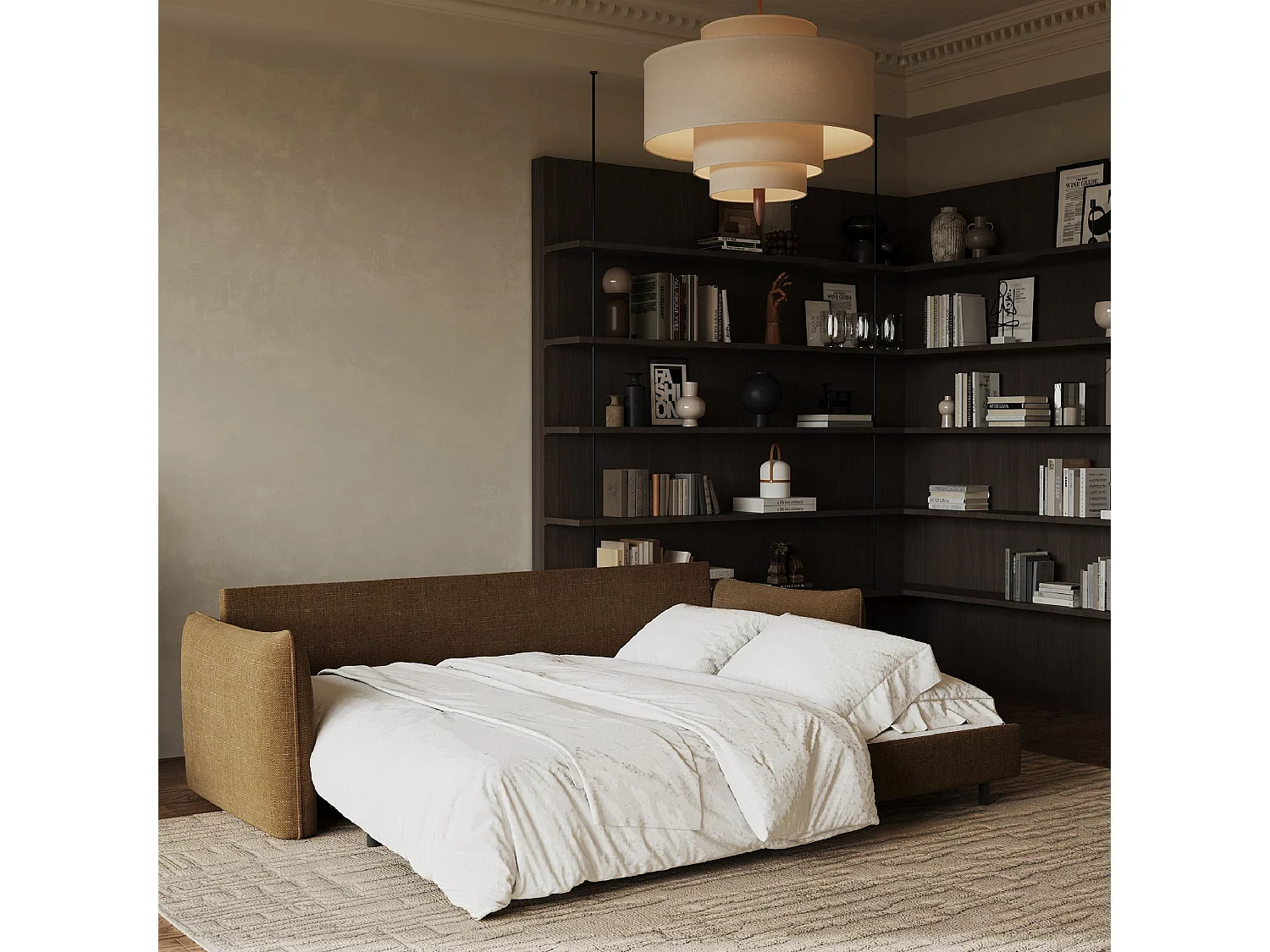 Canapé convertible 3 places tissu tramé noisette 213cm PLUME