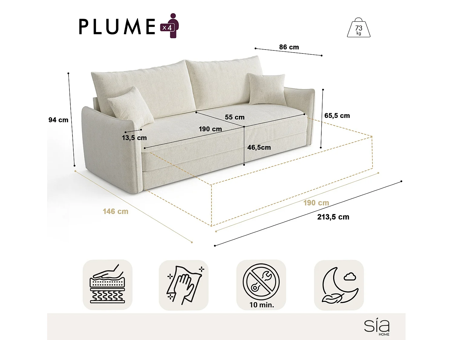 Canapé convertible express 3 places en coton marron PLUME 213cm