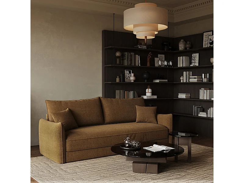 Canapé convertible 3 places tissu tramé noisette 213cm PLUME