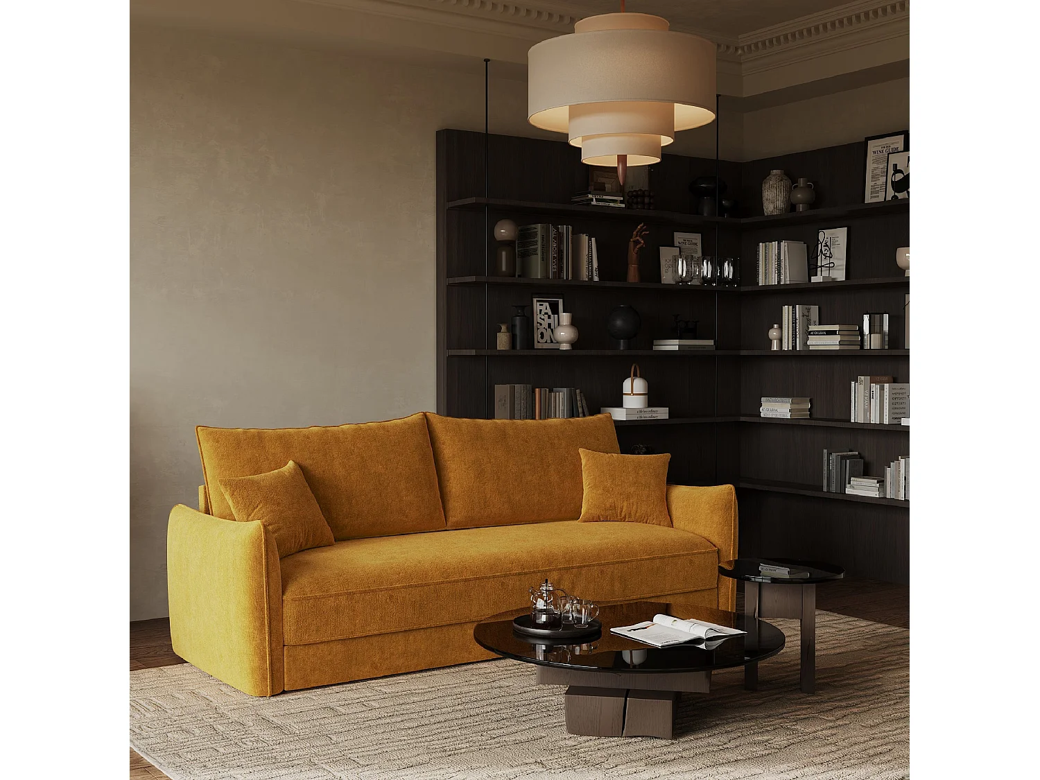 Canapé convertible 3 places velours texturé moutarde 213cm PLUME