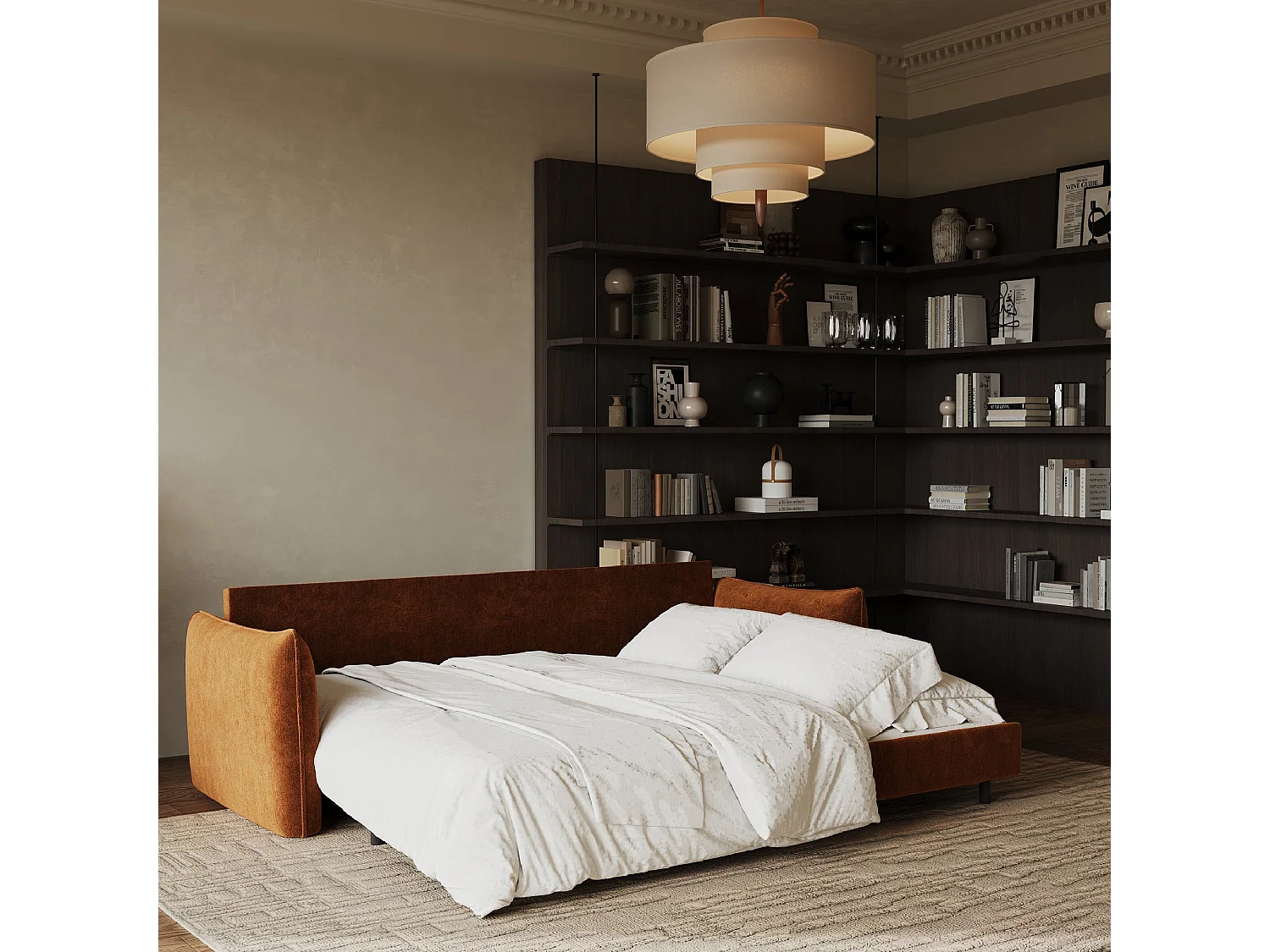 Canapé convertible 3 places velours texturé terracotta 213cm PLUME