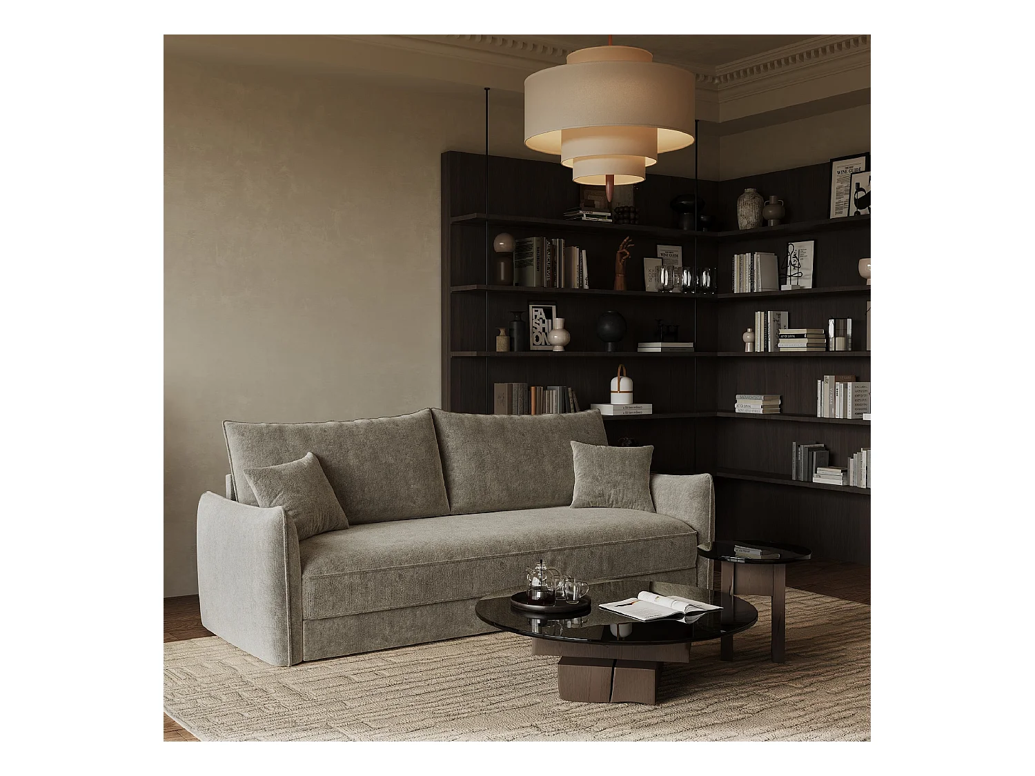 Canapé convertible 3 places velours texturé taupe 213cm PLUME