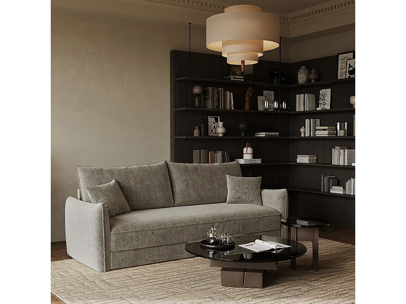 Canapé convertible 3 places velours texturé taupe 213cm PLUME