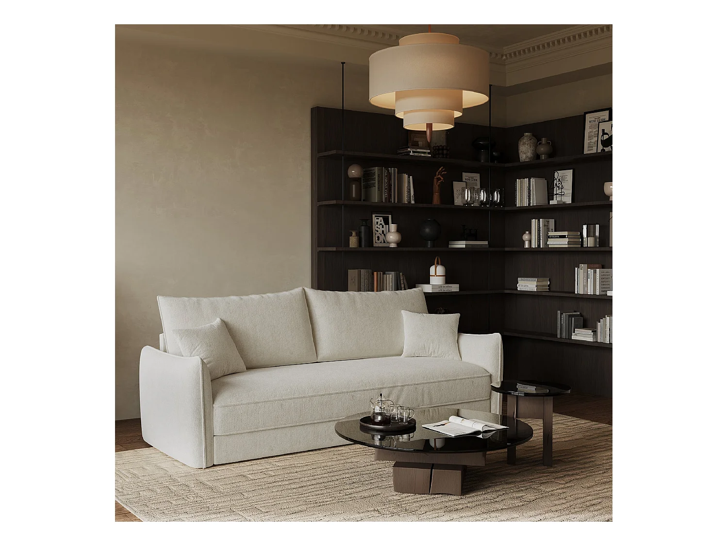 Canapé convertible 3 places velours texturé crème 213cm PLUME