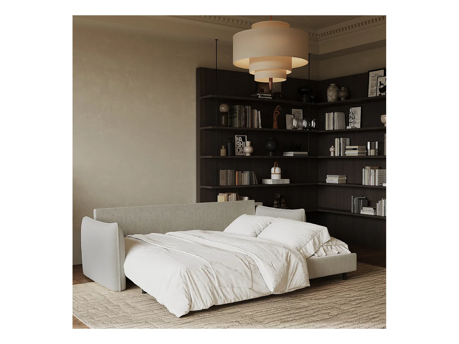 Canapé convertible 3 places velours texturé crème 213cm PLUME