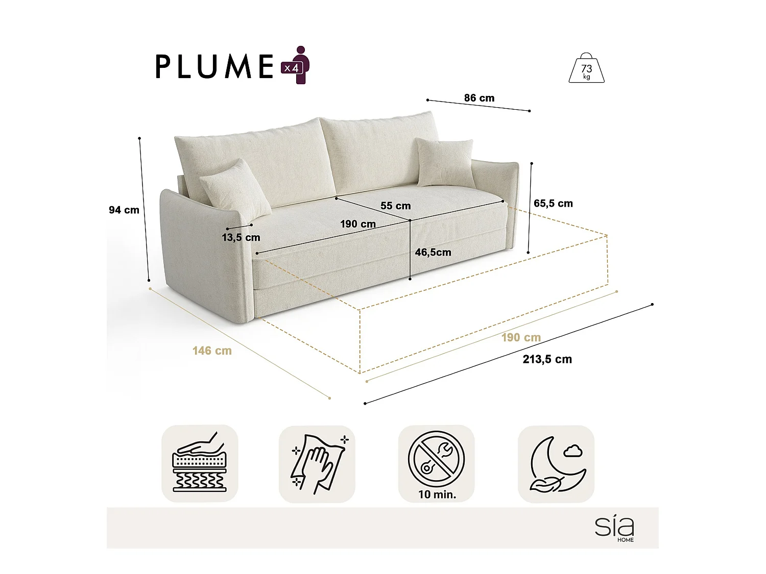 Canapé convertible 3 places velours texturé crème 213cm PLUME