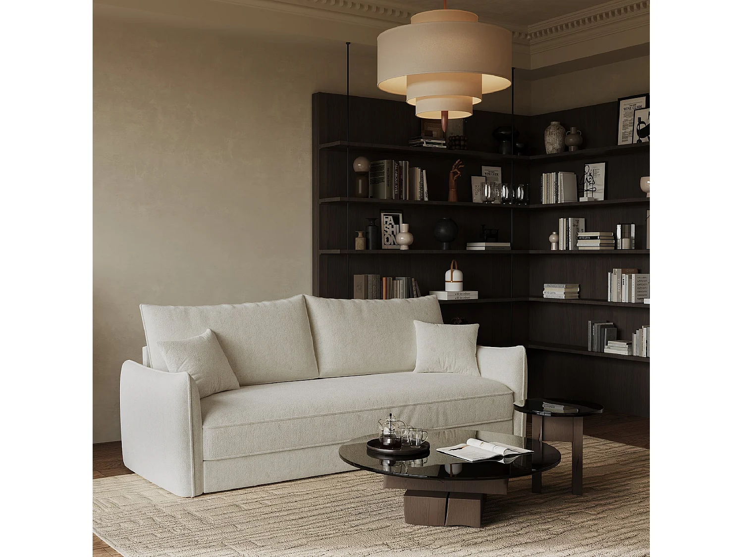 Canapé convertible 3 places velours texturé crème 213cm PLUME