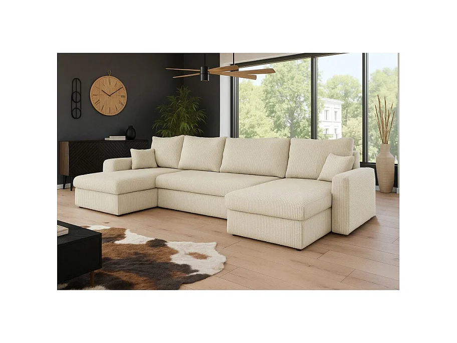 Canapé d'angle panoramique convertible HELLIA U en velours côtelé