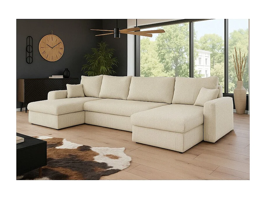 Canapé d'angle panoramique convertible HELLIA U en velours côtelé