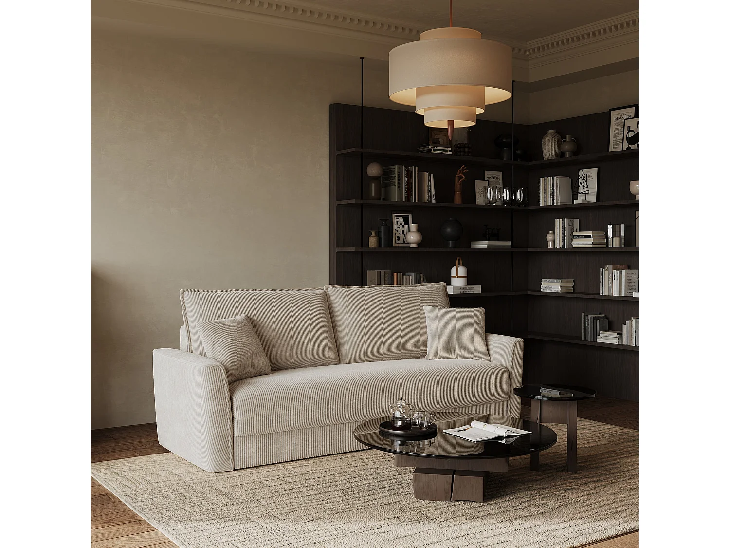 Canapé convertible 3 places velours côtelé taupe 180cm LUXO