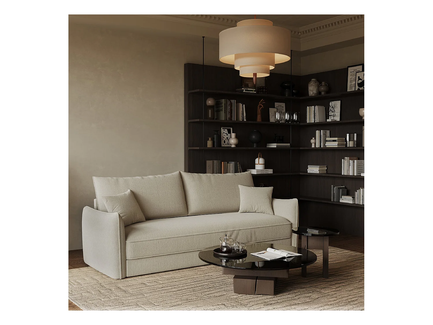 Canapé convertible 3 places tissu tramé beige 213cm PLUME