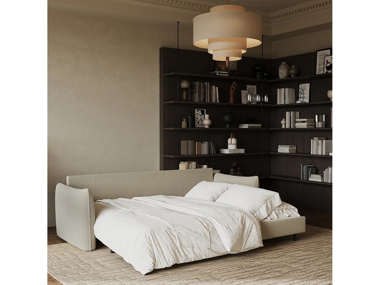 Canapé convertible 3 places tissu tramé beige 213cm PLUME