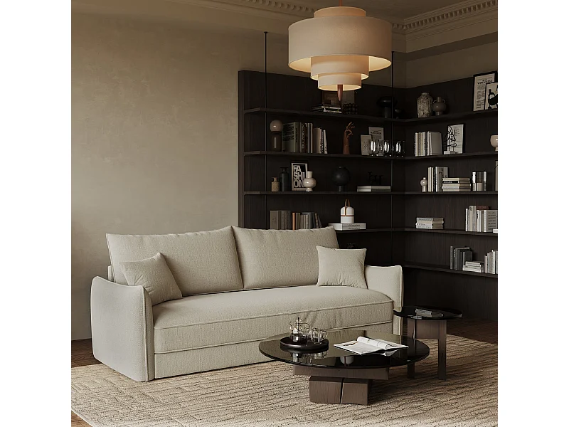 Canapé convertible 3 places tissu tramé beige 213cm PLUME