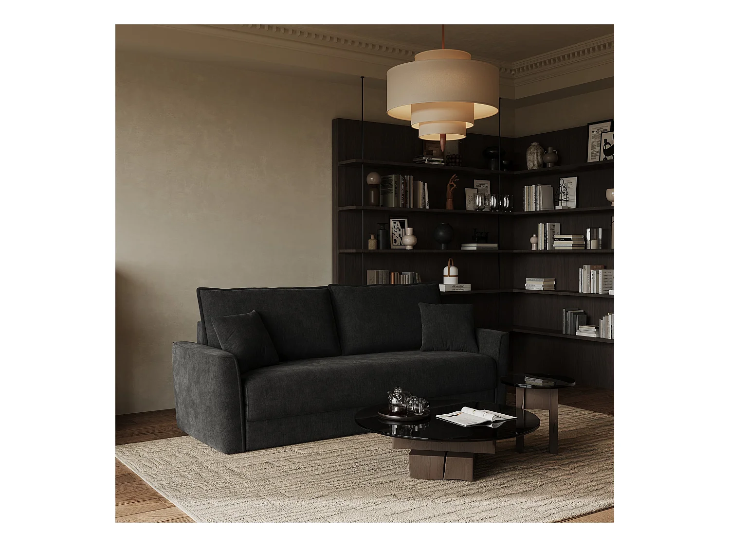 Canapé convertible 3 places tissu tramé touché doux noir 180cm LUXO