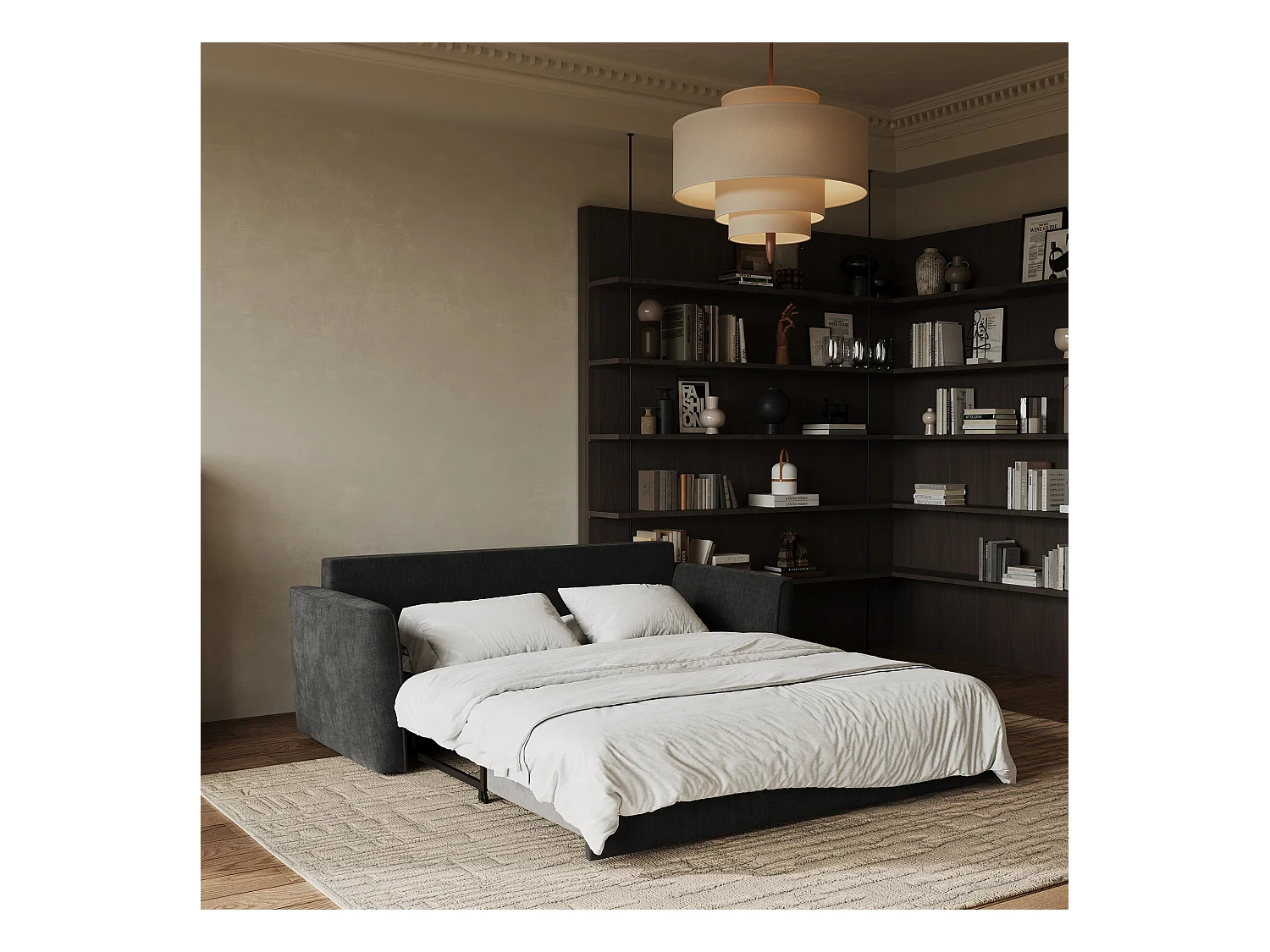 Canapé convertible 3 places tissu tramé touché doux noir 180cm LUXO