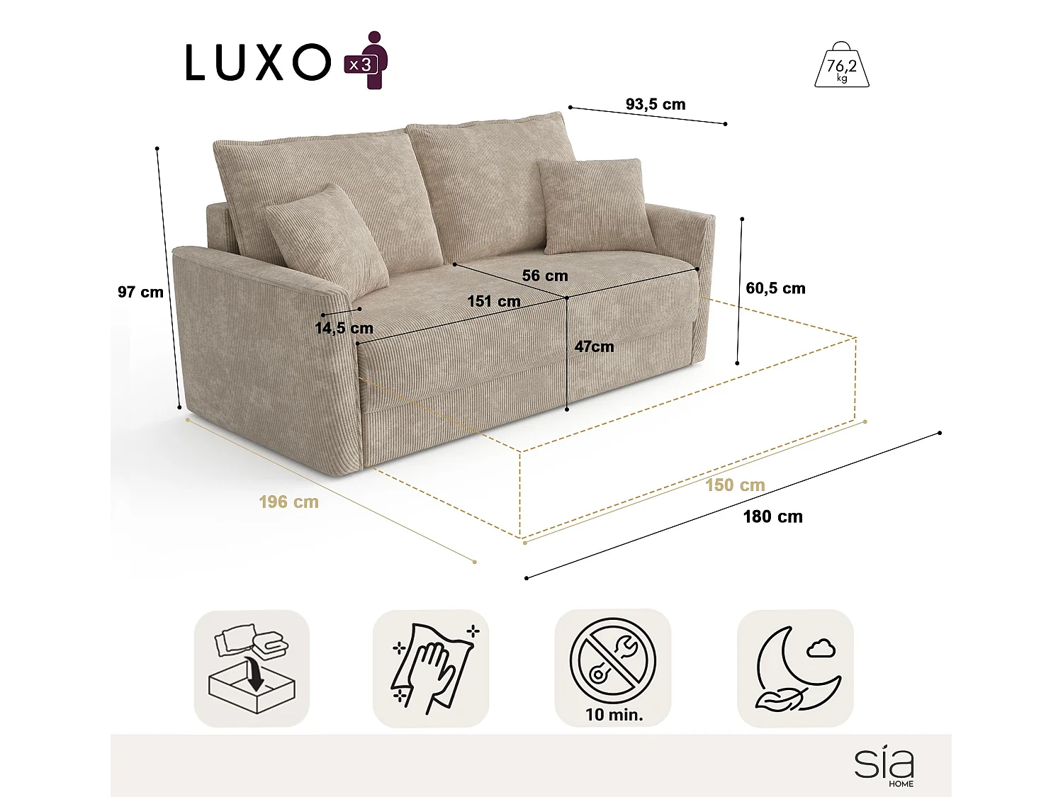 Canapé convertible 3 places tissu tramé touché doux noir 180cm LUXO