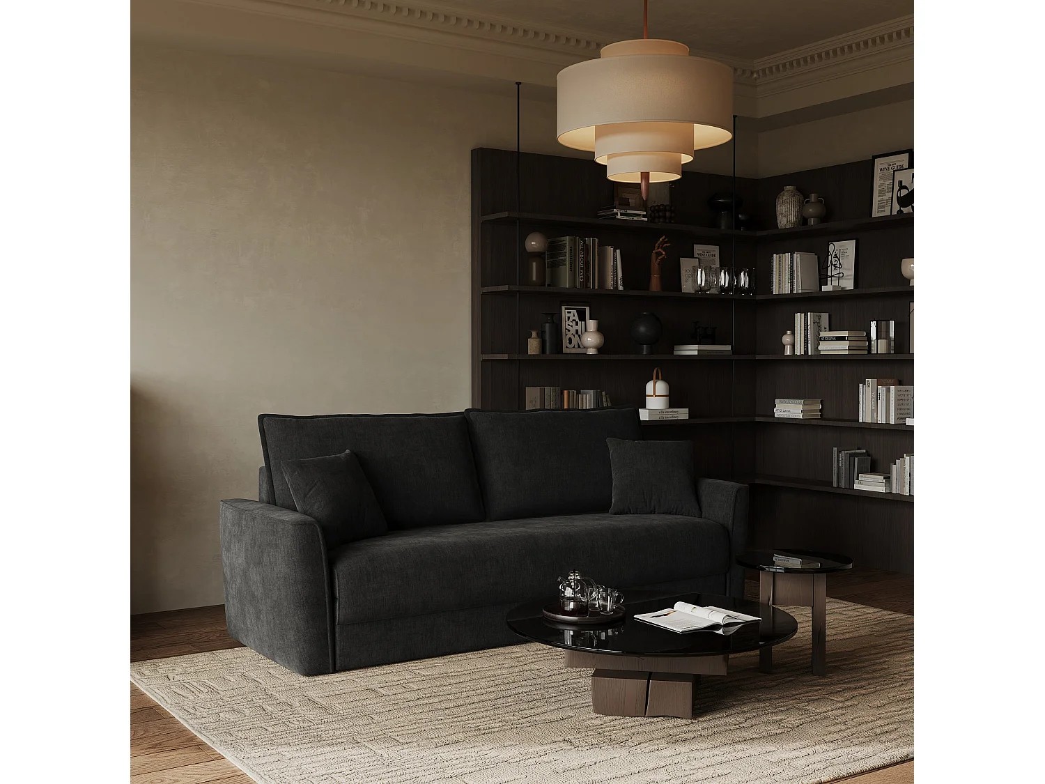 Canapé convertible 3 places LUXO en tissu tramé toucher doux noir