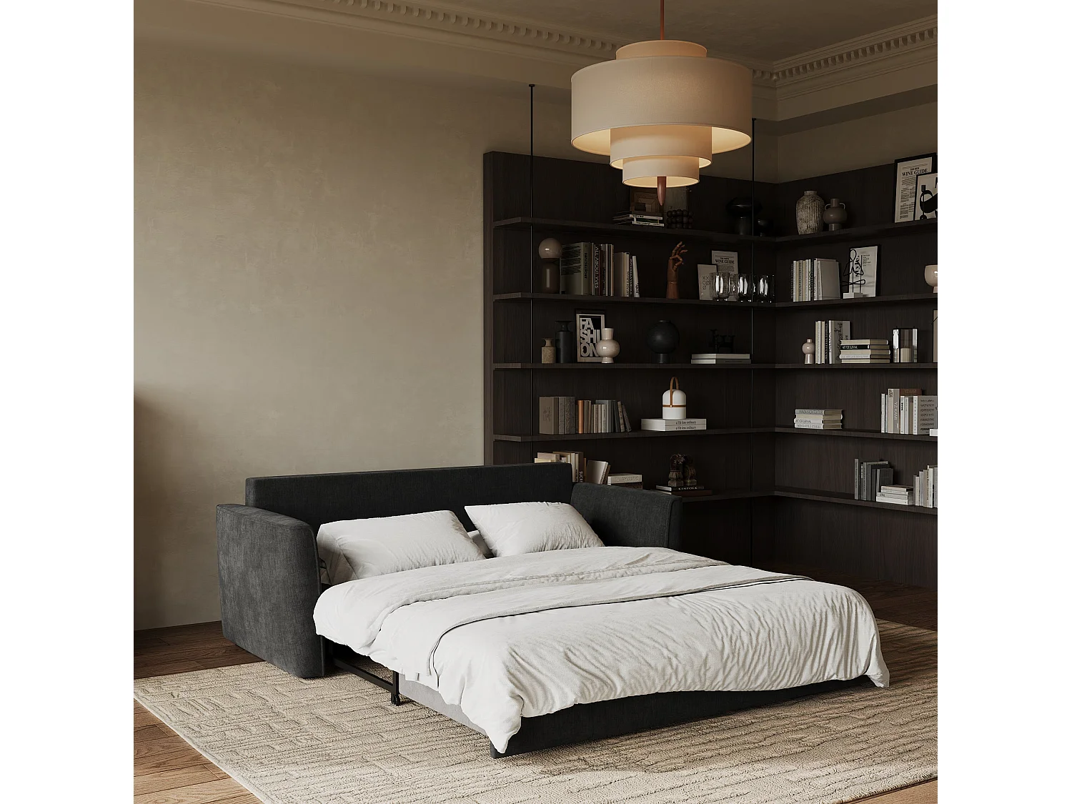 Canapé convertible 3 places LUXO en tissu tramé toucher doux noir