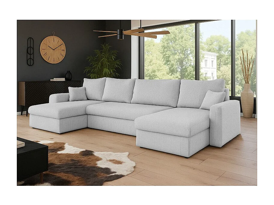 Canapé d'angle panoramique convertible HELLIA U en velours côtelé
