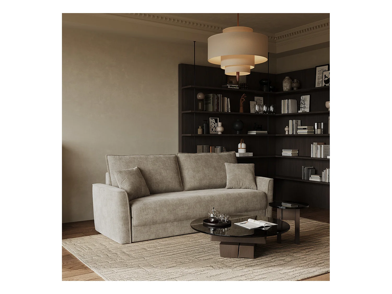 Canapé convertible 3 places tissu tramé touché doux taupe 180cm LUXO