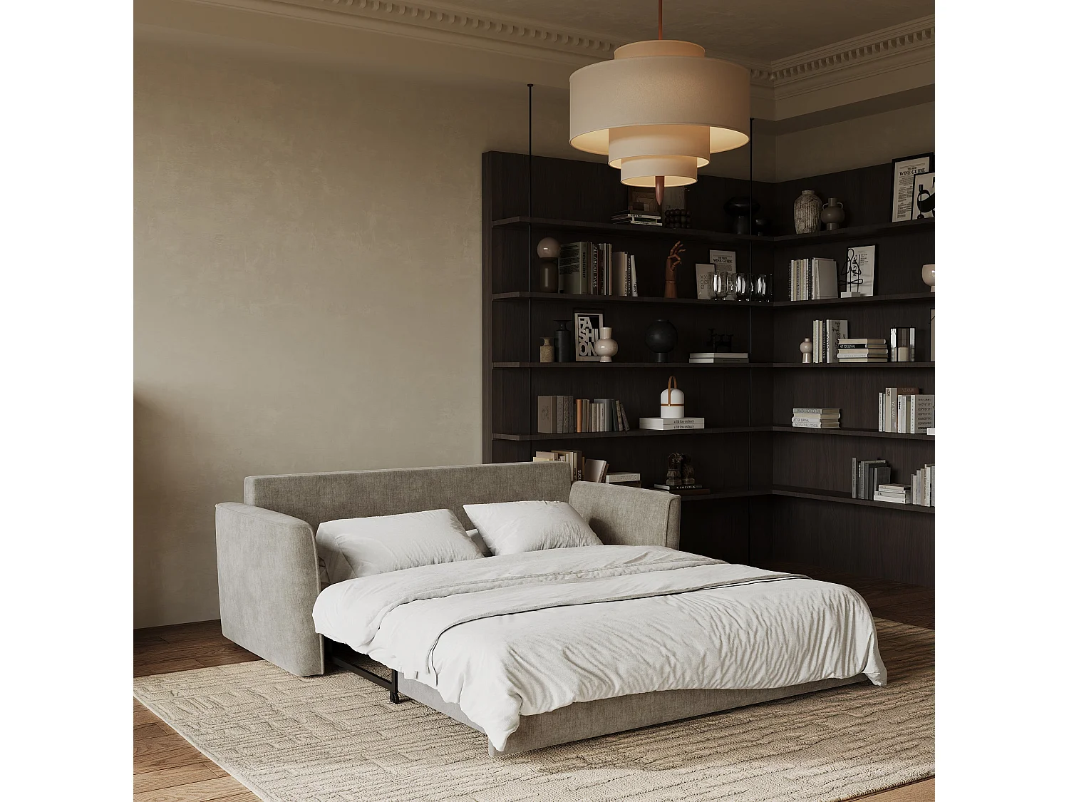 Canapé convertible 3 places tissu tramé touché doux taupe 180cm LUXO