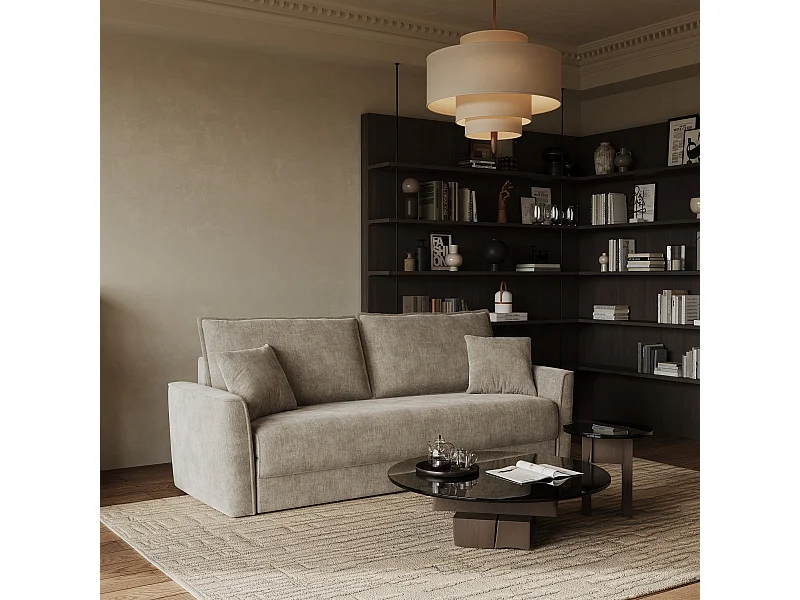 Canapé convertible 3 places tissu tramé touché doux taupe 180cm LUXO