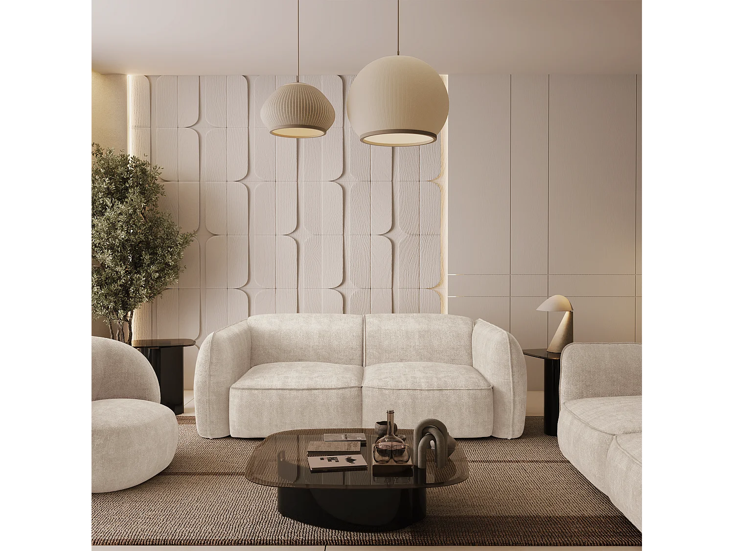 Canapé 3 places velours tramé crème LIVIA