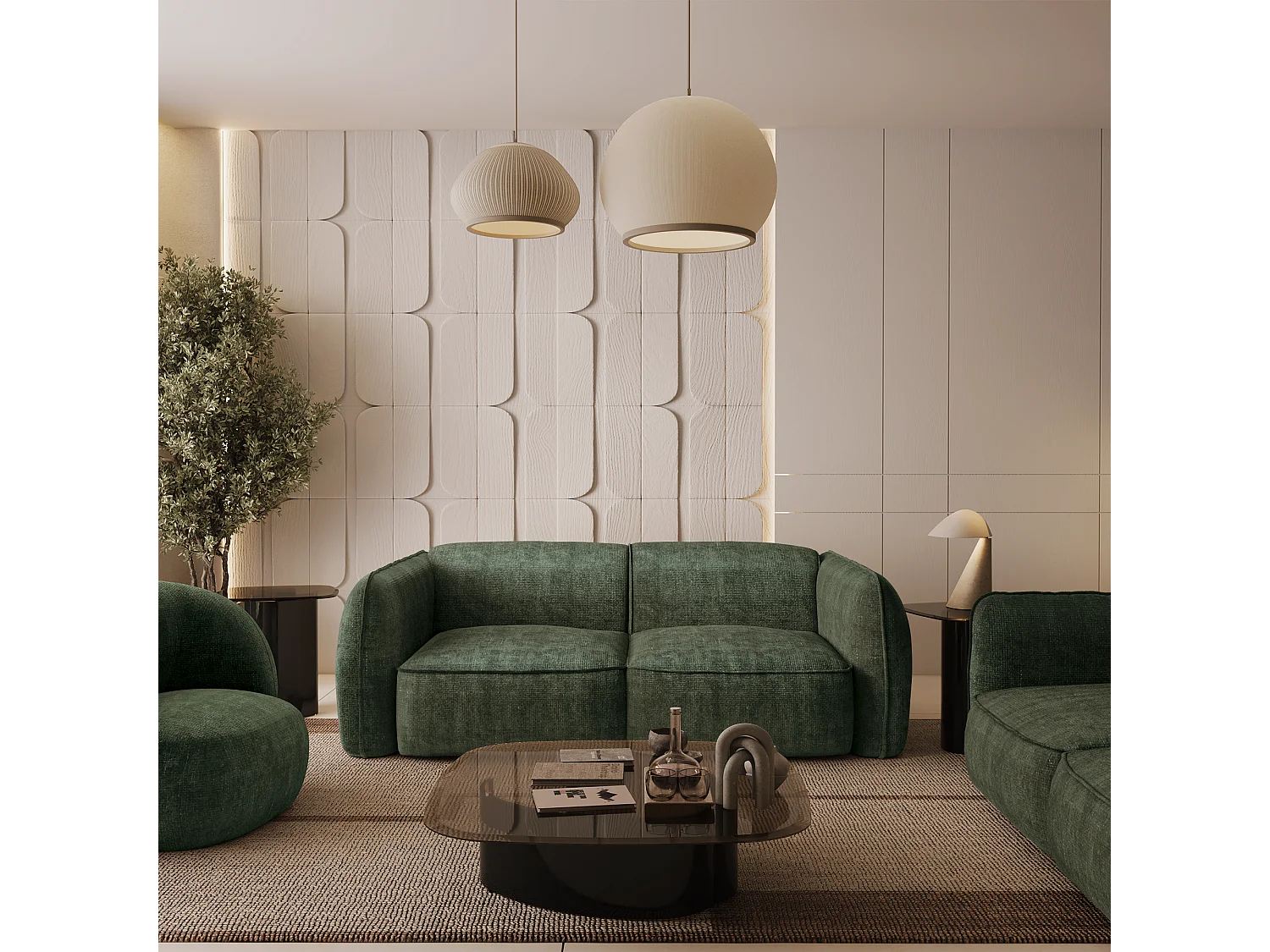 Canapé 3 places velours tramé vert olive LIVIA