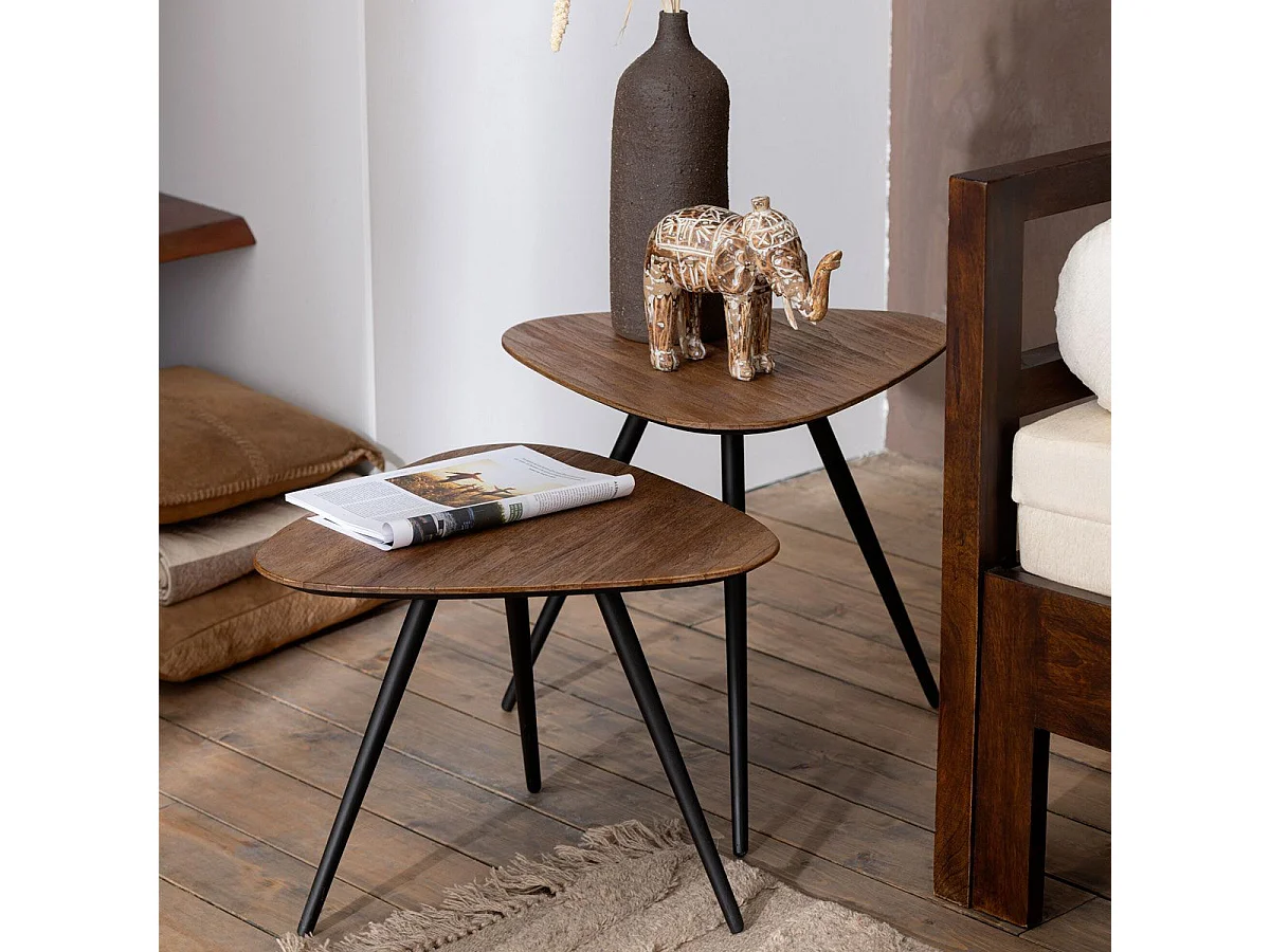 Lot de 2 Tables d'Appoint Triangles "Teck" 50cm Naturel